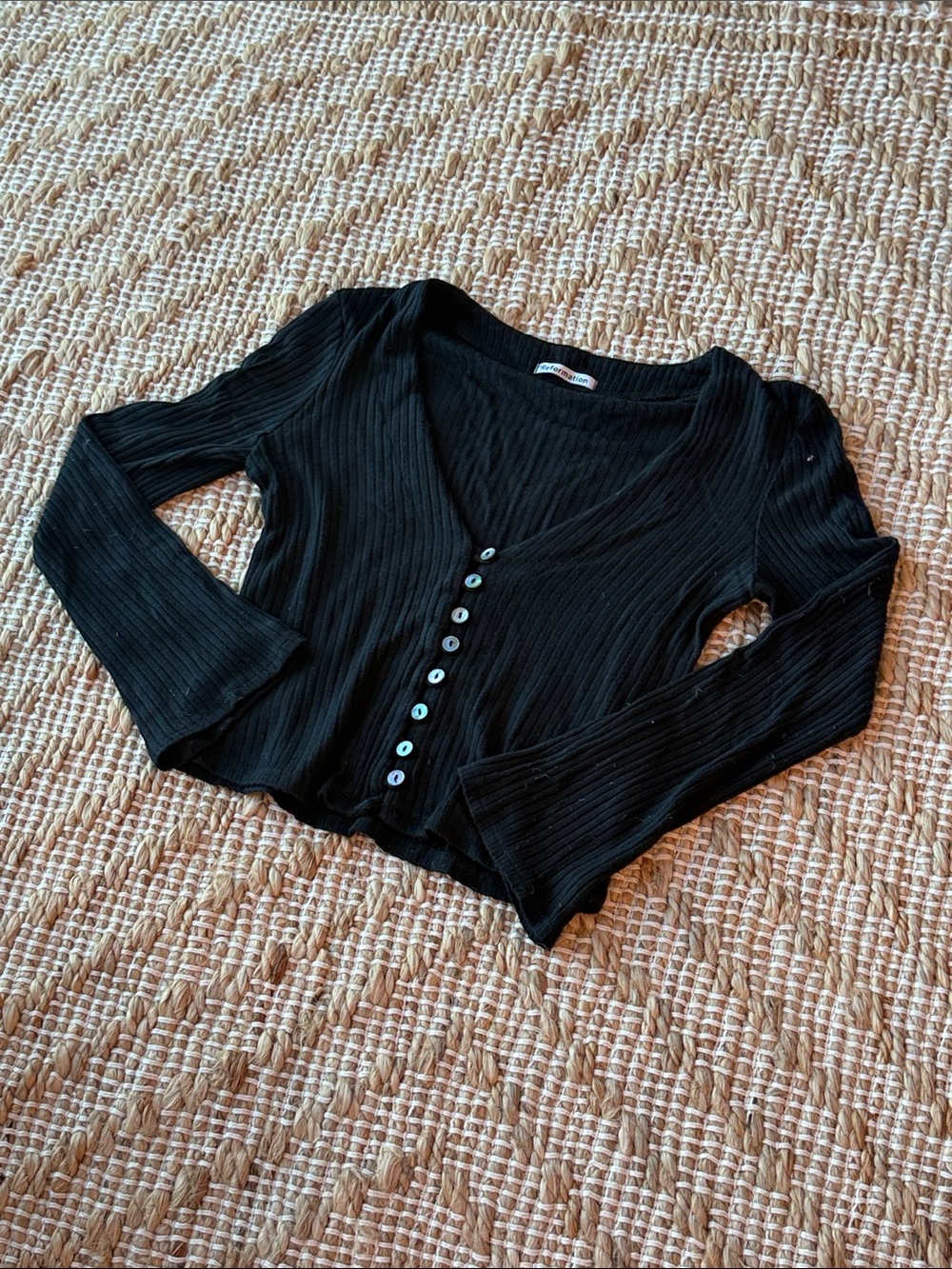 Reformation Black Ribbed Button-Front V-Neck Top